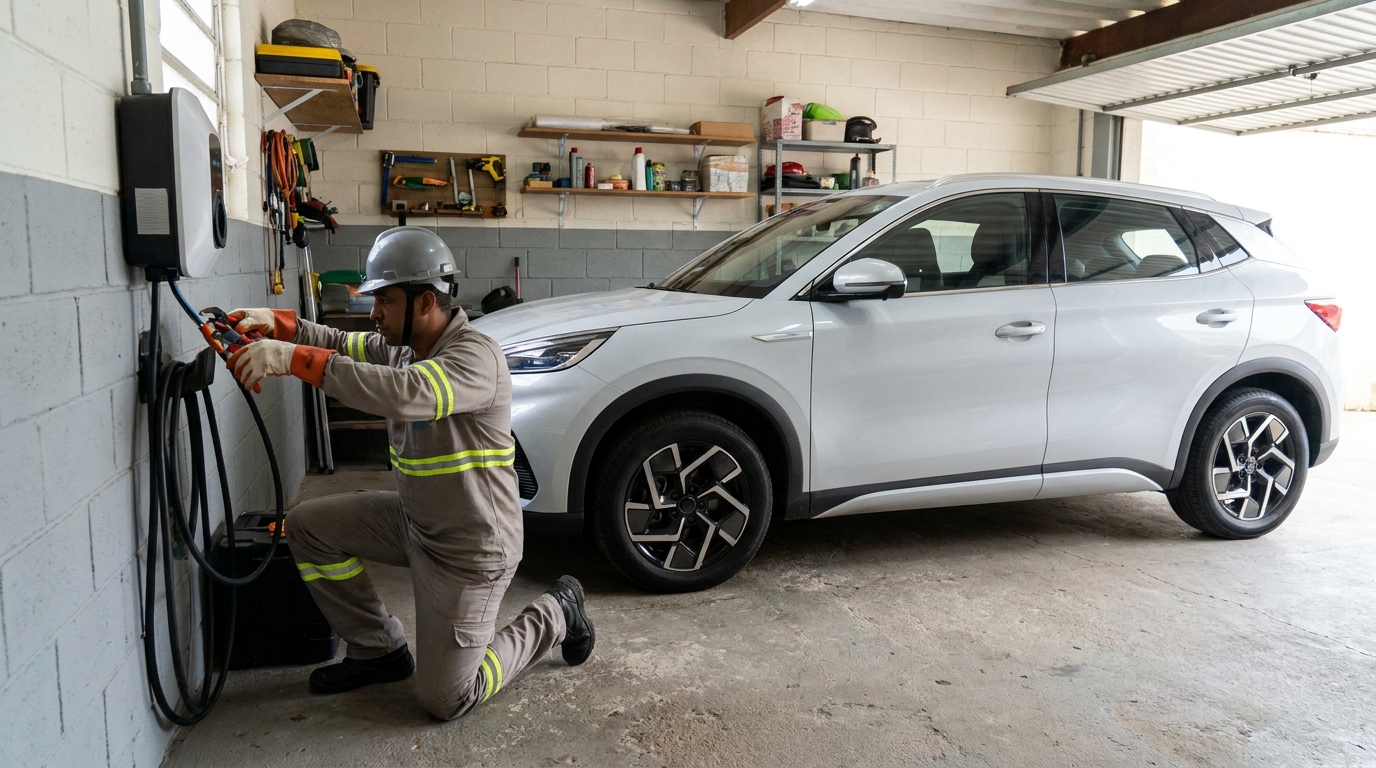 Eletricista instalando carregador de carro eletrico em Ipatinga‑MG